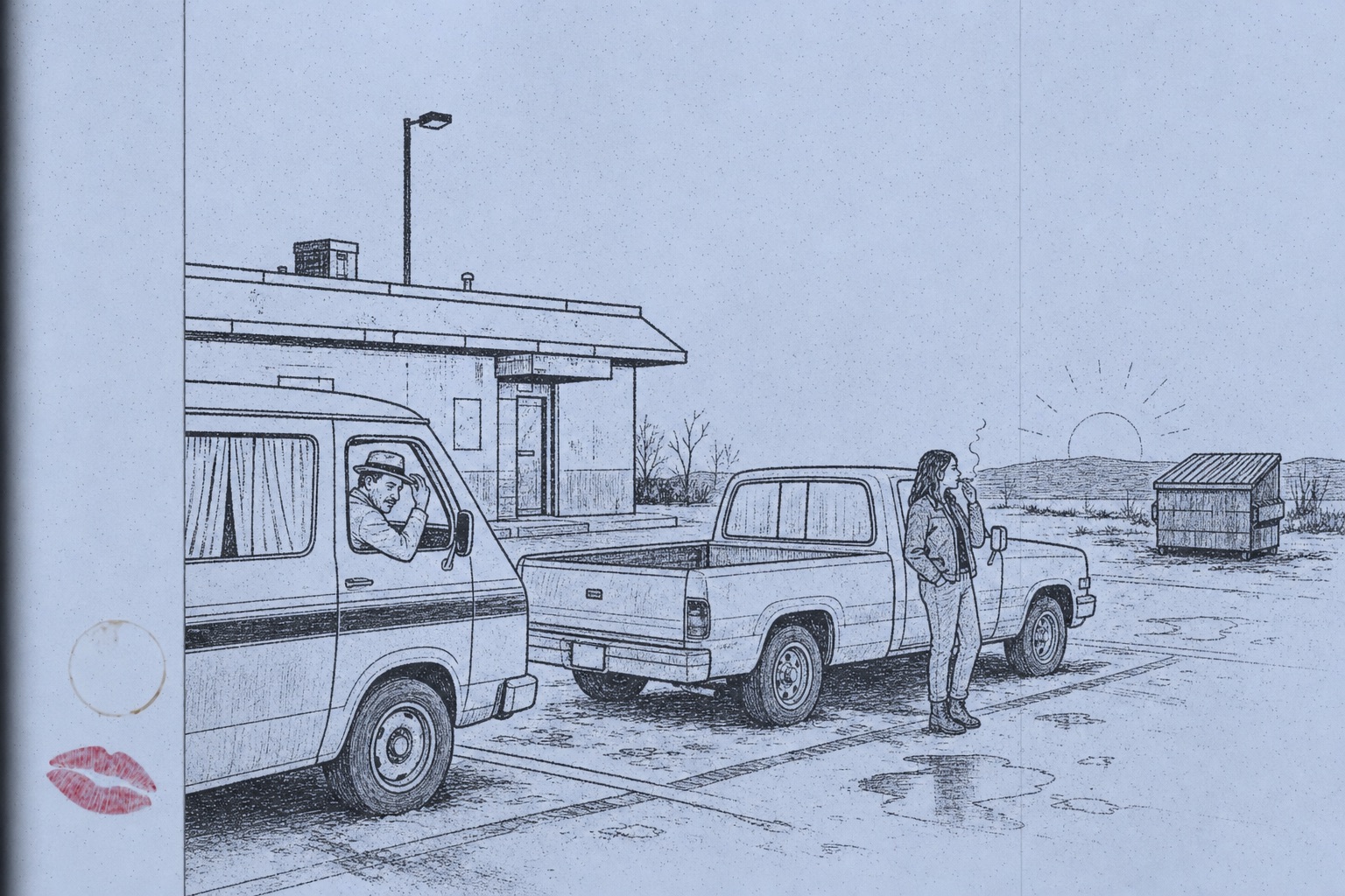 Line drawing of a bar parking lot at dawn. A curtained church van, a woman smoking beside a pickup, the sun behind a dumpster.